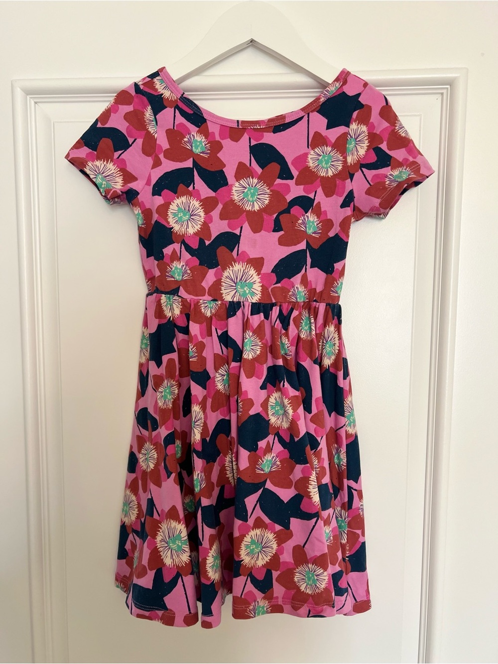 Tea Collection Pink Floral Dress with Navy and Red Accents